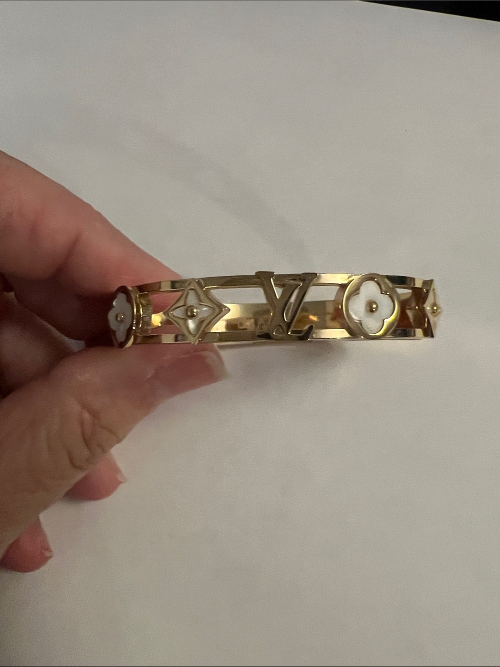 Louis Vuitton Gold and White Monogram Flower Bangle Bracelet